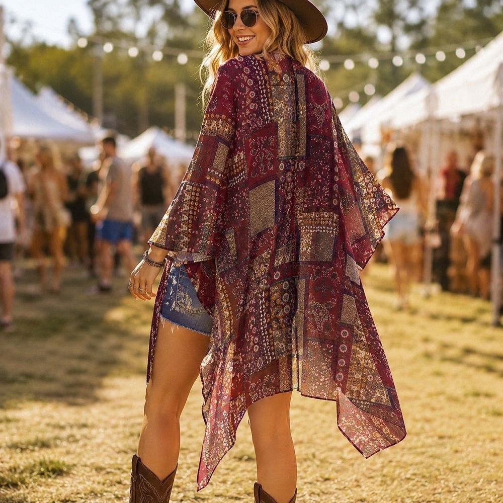 Womens 2XL Burgundy Patchwork Floral Paisley Sheer Kimono Wrap Cardigan Boho - Picture 2 of 7